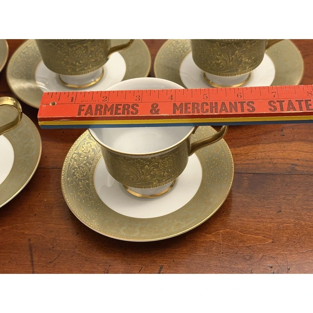 Set of 8 Sango Versailles 3632 Teacups and Saucers Vintage‎ Green Gold Japan